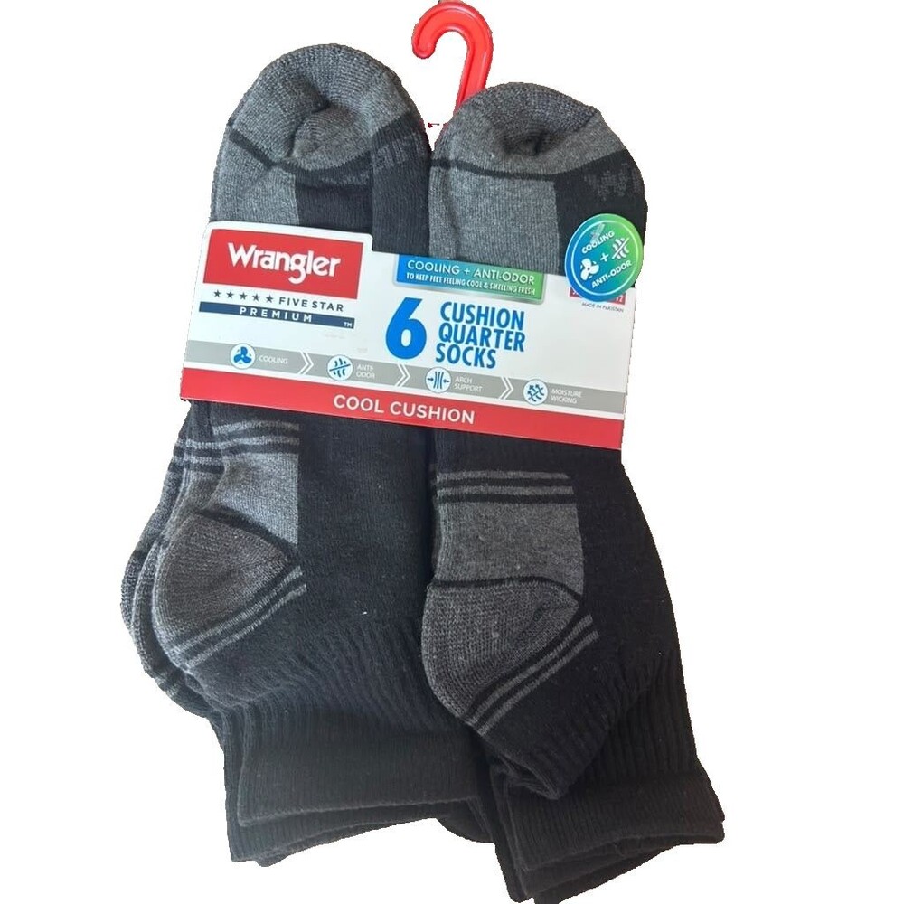 Wrangler Essential Cool Comfort Mens Quarter Crew Sock, Black 6-12, 6-Pack New